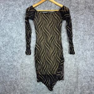 Avec Bling Dress Womens Small Black Gold Swirl Y2K Glam Clubwear NYE Metallic